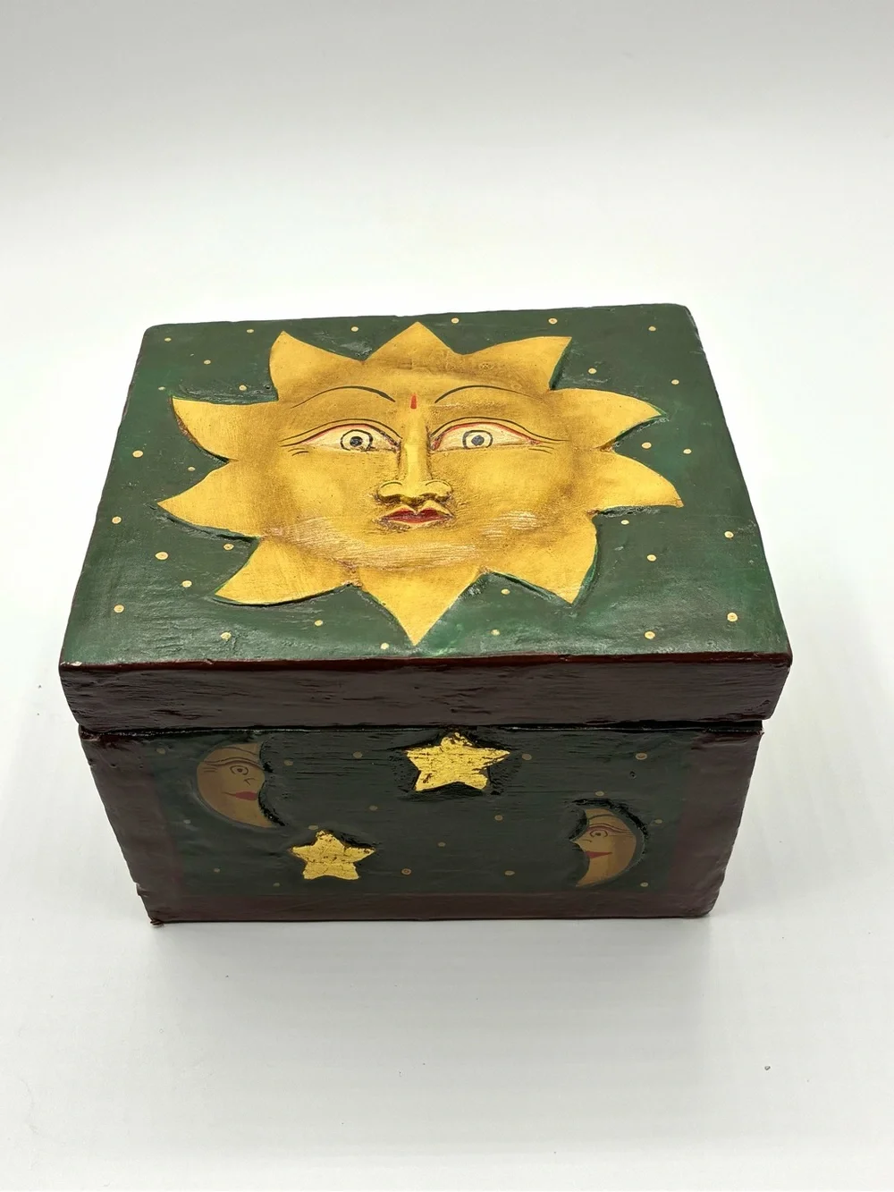Vintage Folk Art Celestial Sun Moon Yin Yang Wooden Trinket Box